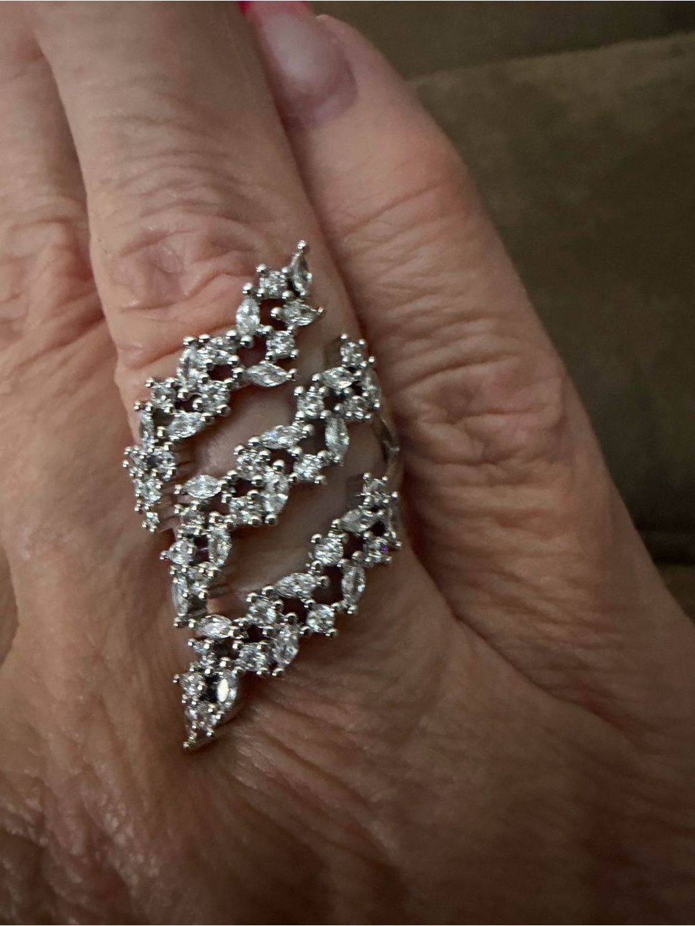 Silver Crystal Marquise Leaf Statement Ring - Silver